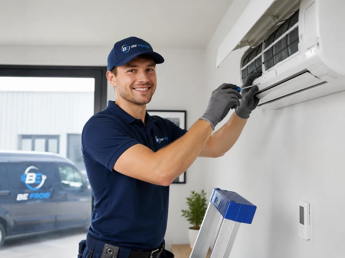 Technicien BE Froid en polo et casquette de l’entreprise, souriant devant une unité murale ouverte