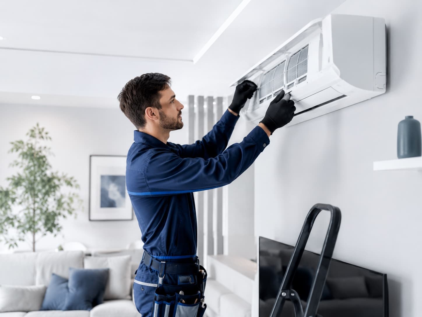 Technicien réglant une unité murale de climatisation réversible dans un séjour clair
